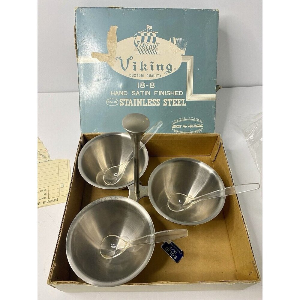 Viking Stainless Steel 3 Cup Condiment Holder‎ Vintage 1970s Kitchen